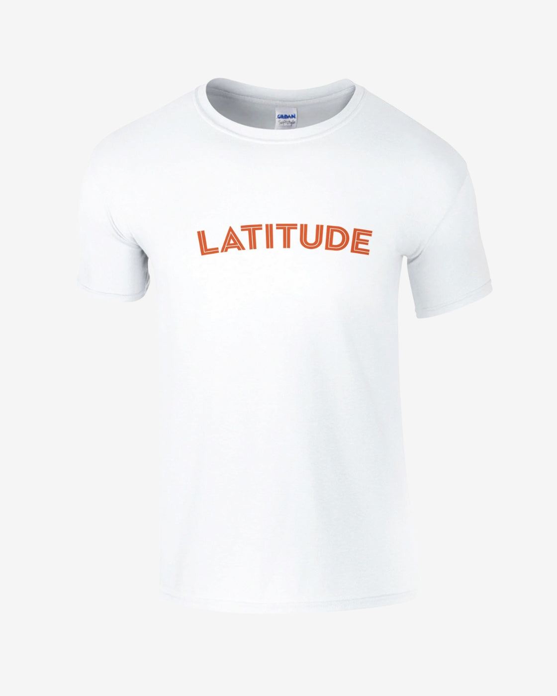 White t-shirt with 'LATITUDE' printed in orange on a white background