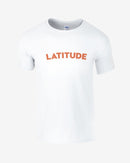 White t-shirt with 'LATITUDE' printed in orange on a white background