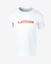 White t-shirt with 'LATITUDE' printed in orange on a white background
