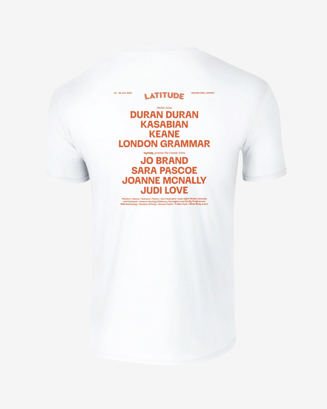 White t-shirt with red text on a white background