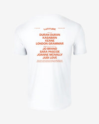 White t-shirt with red text on a white background