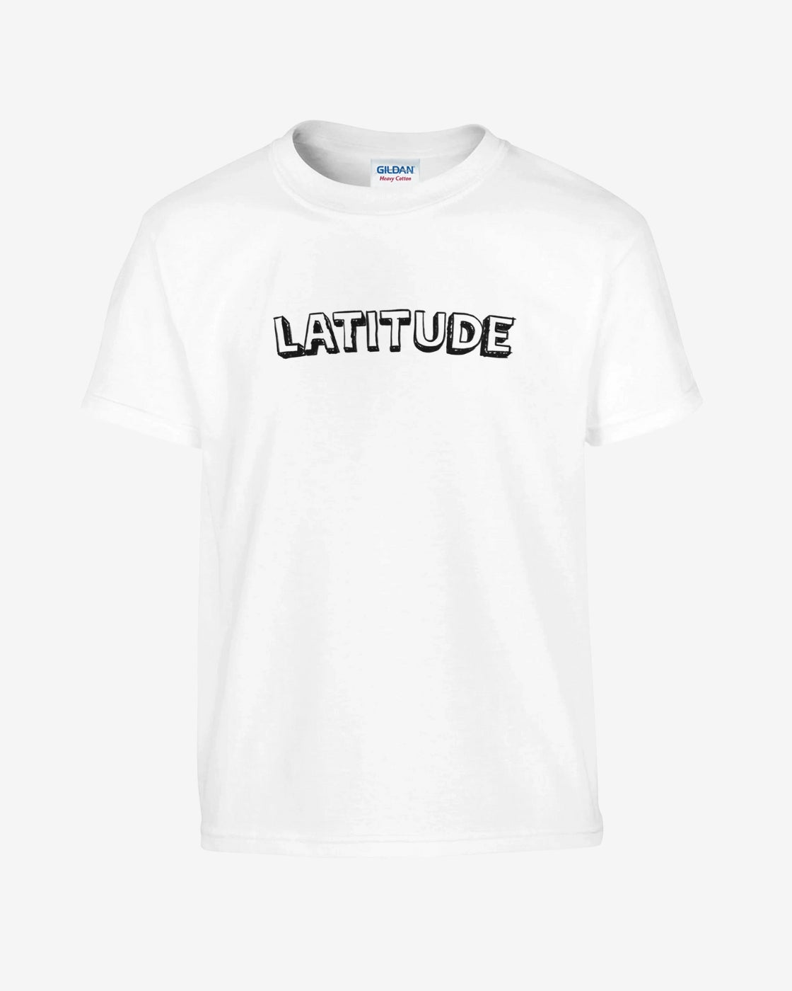 White sweatshirt with 'LATITUDE' text on a white background