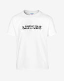 White sweatshirt with 'LATITUDE' text on a white background