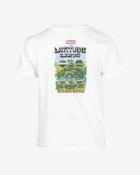 White t-shirt with 'Latitude' event graphic on a white background