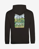 Black hoodie with a colorful graphic on the back against a white background