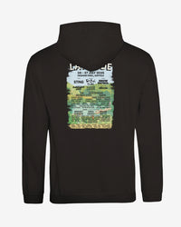 Black hoodie with a colorful graphic on the back against a white background