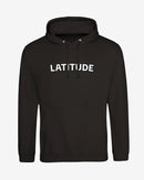 Black hoodie with 'LATITUDE' printed on it against a white background