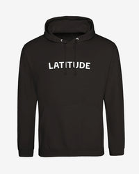 Black hoodie with 'LATITUDE' printed on it against a white background