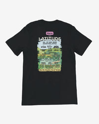 Black t-shirt with 'Latitude' event graphic on a white background