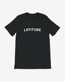 Black t-shirt with 'LATITUDE' printed on a white background