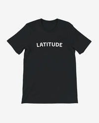 Black t-shirt with 'LATITUDE' printed on a white background