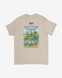 Beige t-shirt with 'Latitude' event graphic on a white background