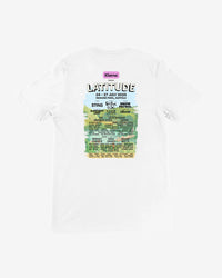 The Latitude Festival Store’s Latitude 2025 Line-Up White T-Shirt features the colorful festival lineup—Sting, Cat Power, Snow Patrol—on soft Airlume cotton with event details above scenic art, in a unisex tailored fit.