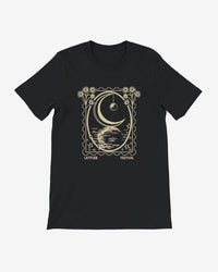 Black t-shirt with a gold graphic design on a white background