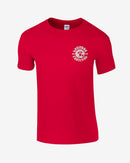 Red t-shirt with a logo on the chest against a white background