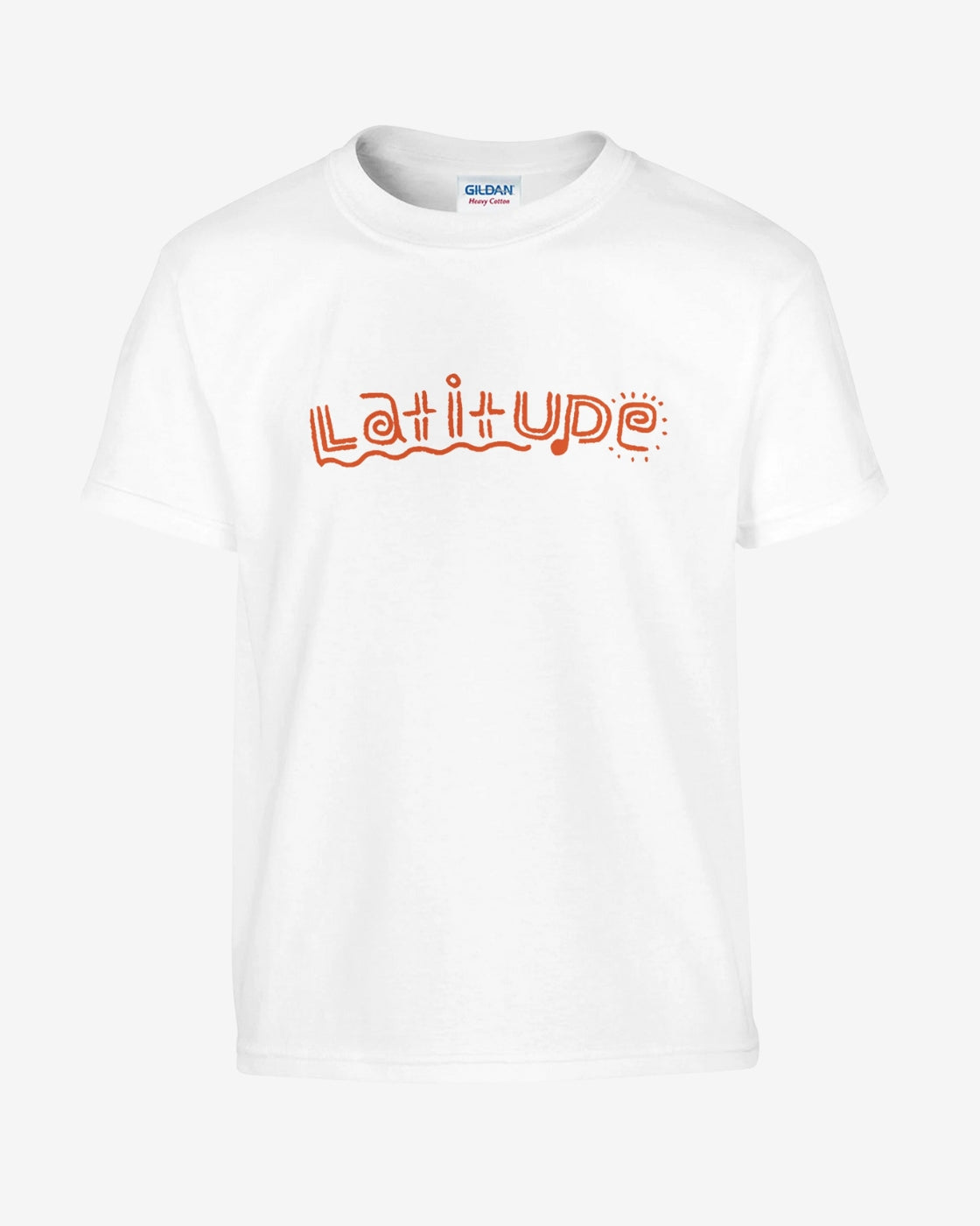 White sweatshirt with 'Latitude' printed in orange on a white background
