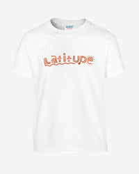 White sweatshirt with 'Latitude' printed in orange on a white background
