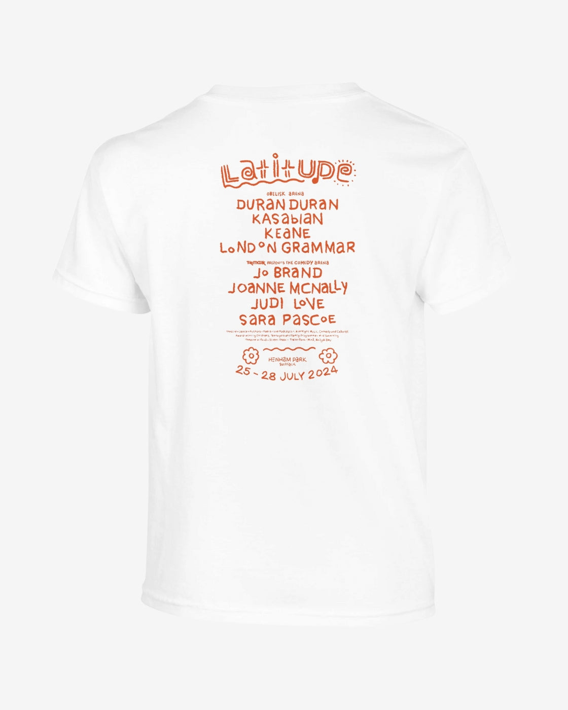 White t-shirt with red text on a white background