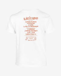 White t-shirt with red text on a white background