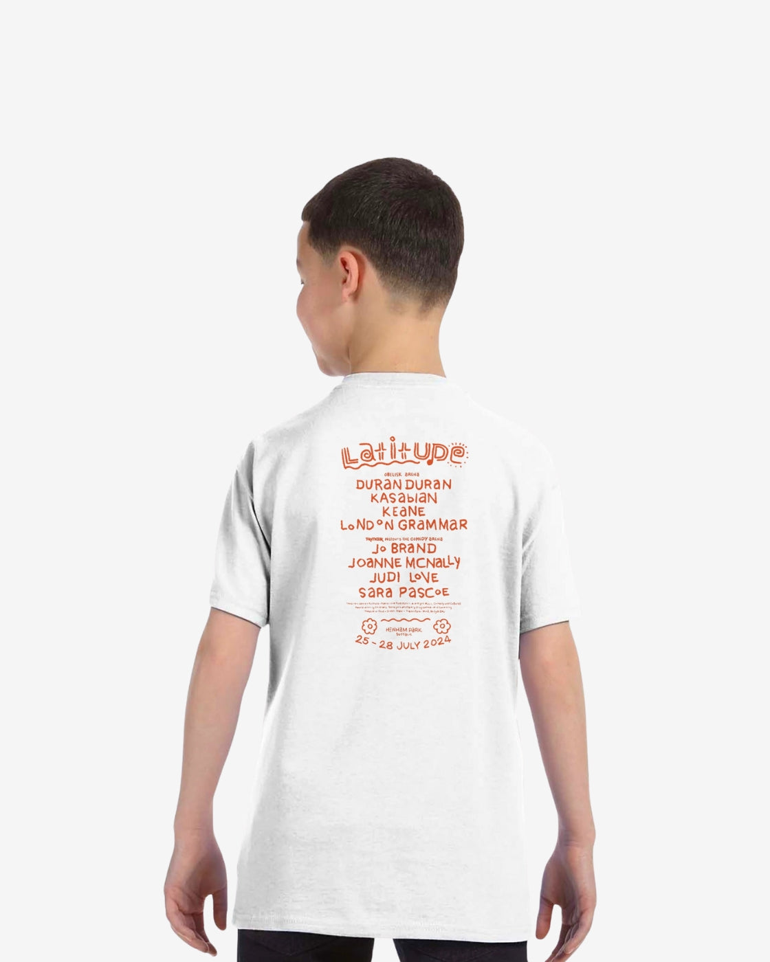 Person wearing a white t-shirt with red text on the back, standing against a white background