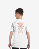 Person wearing a white t-shirt with red text on the back, standing against a white background