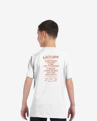 Person wearing a white t-shirt with red text on the back, standing against a white background