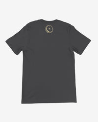 Black t-shirt with a gold logo on the back against a white background