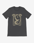 Dark gray t-shirt with a gold graphic design on a white background