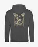 Dark gray hoodie with a celestial design on the back against a white background