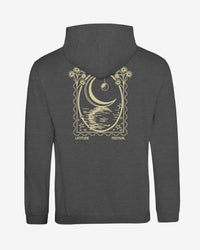 Dark gray hoodie with a celestial design on the back against a white background