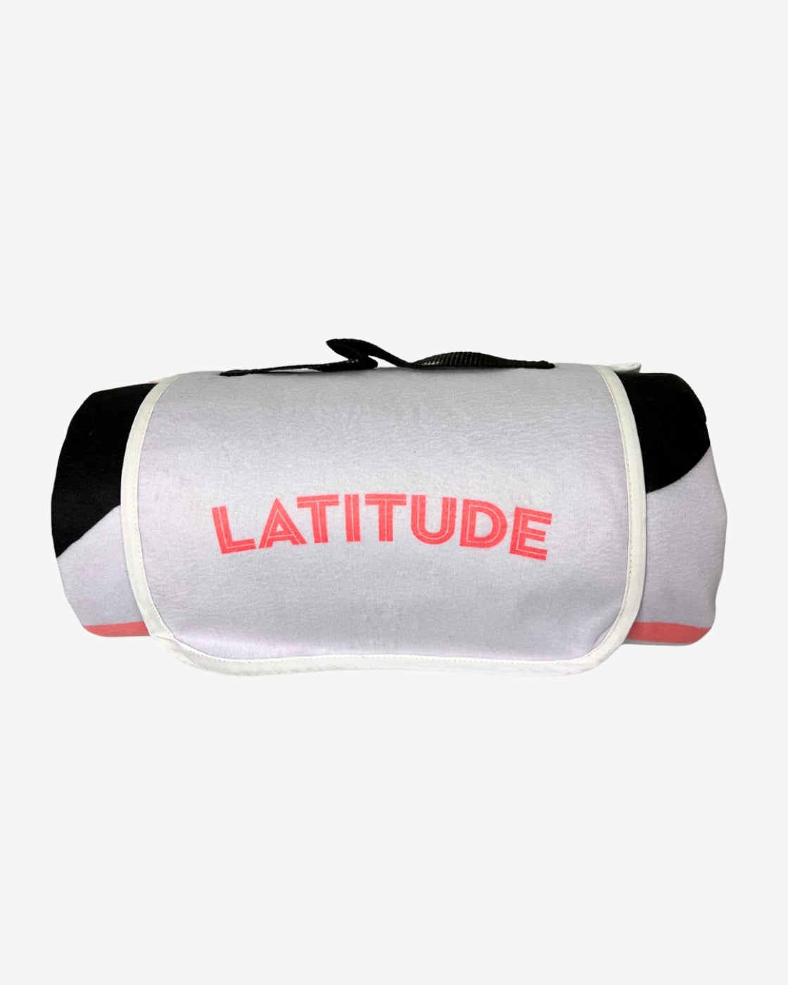 Gray duffel bag with black accents and 'LATITUDE' branding on a white background