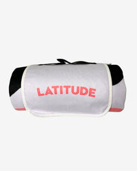 Gray duffel bag with black accents and 'LATITUDE' branding on a white background