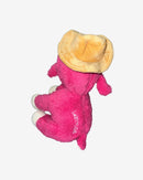 Pink plush toy with a yellow hat on a white background