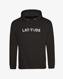 A black pullover hoodie with 'LATITUDE' printed in white capital letters across the chest, displayed on a clean white background.