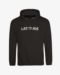 A black pullover hoodie with 'LATITUDE' printed in white capital letters across the chest, displayed on a clean white background.