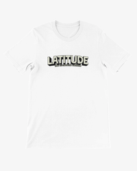 A white short-sleeve crewneck t-shirt featuring a graphic on the chest that reads 'LATITUDE' in bold black letters with a white outline, and 'The Art of Latitude' written underneath in a smaller black script font.