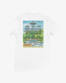 A white short-sleeve t-shirt shown from the back, featuring a large rectangular graphic print of the 2023 Coachella Valley Music & Arts Festival lineup on a light blue sky background with green grass at the bottom.
