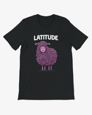 A black short-sleeve crewneck t-shirt featuring a graphic of a purple textured sheep with a pink face and the word 'LATITUDE' printed in white above it, displayed on a light gray background.