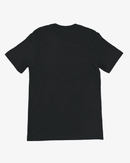 A black short-sleeve crewneck t-shirt shown from the back, laid flat against a light gray background.