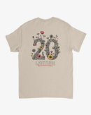 A beige short-sleeve t-shirt shown from the back, featuring a large graphic of the number '20' filled with intricate floral and botanical illustrations in muted tones, with 'LATITUDE' and 'Los Angeles, California' printed below.