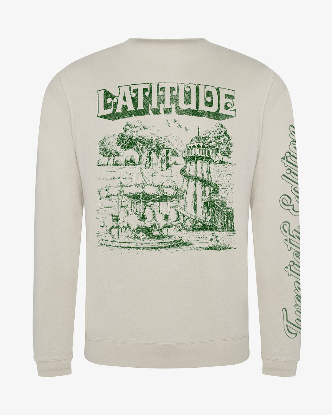 Light beige Latitude Merry Go Round Sweatshirt with a green illustration on the back featuring a carousel, a lighthouse, and the word LATITUDE in decorative lettering.