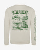 Light beige Latitude Merry Go Round Sweatshirt with a green illustration on the back featuring a carousel, a lighthouse, and the word LATITUDE in decorative lettering.
