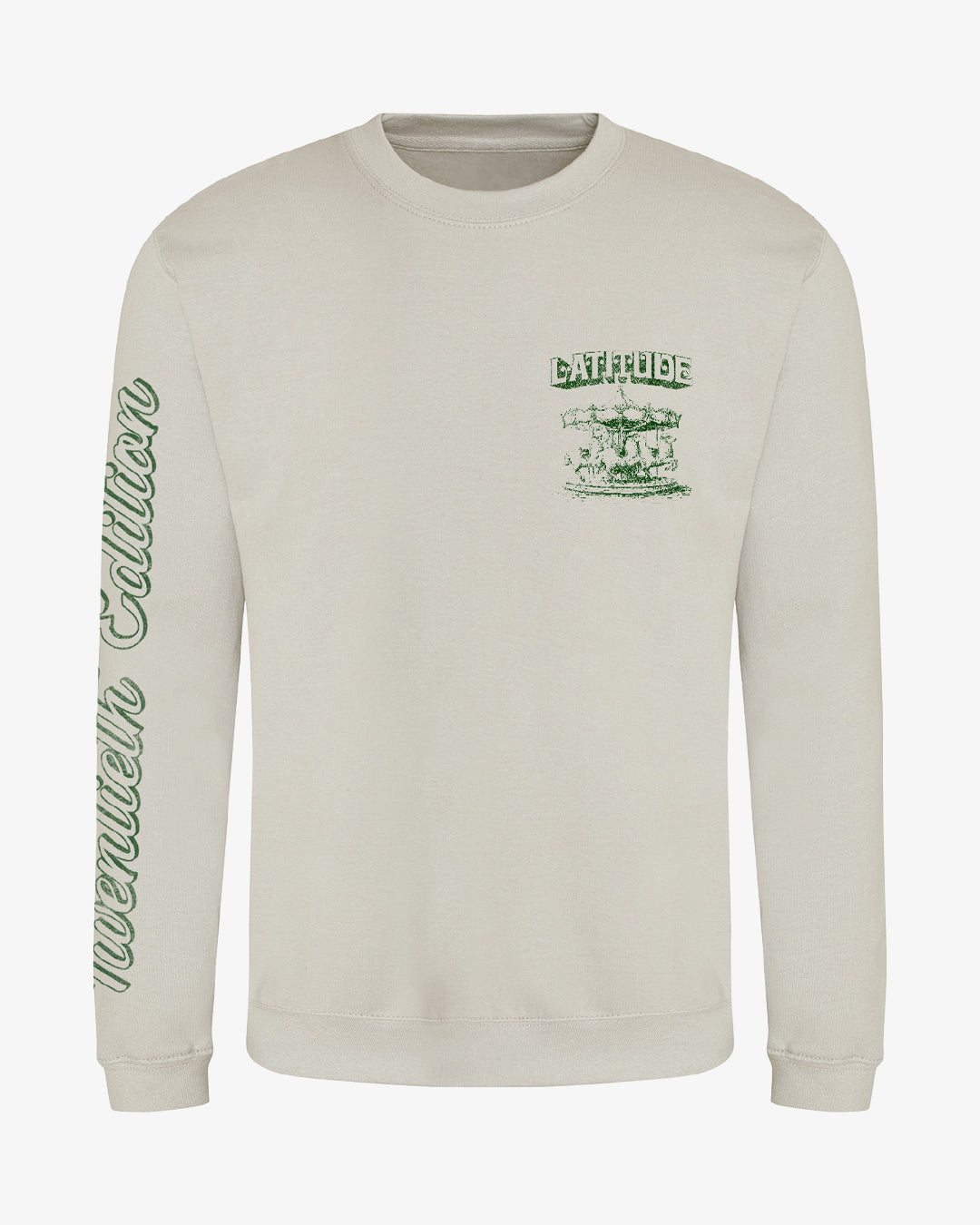 Light beige Latitude Merry Go Round Sweatshirt with a green carousel graphic on the left chest and the words twentieth edition printed vertically down the right sleeve.