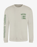 Light beige Latitude Merry Go Round Sweatshirt with a green carousel graphic on the left chest and the words twentieth edition printed vertically down the right sleeve.
