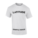 The PRE-ORDER 2025 Event T-Shirt from Latitude Festival Store is a white crew neck featuring LATITUDE in bold black letters across the chest and SAMPLE IMAGE printed near the bottom hem.
