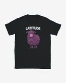 The Latitude Kids Sheep Black T-Shirt from the Latitude Festival Store showcases the word “LATITUDE” above a cheerful cartoon purple sheep standing upright and facing forward. Made to order from heavyweight fabric, this black t-shirt is ideal for children’s casual wear.