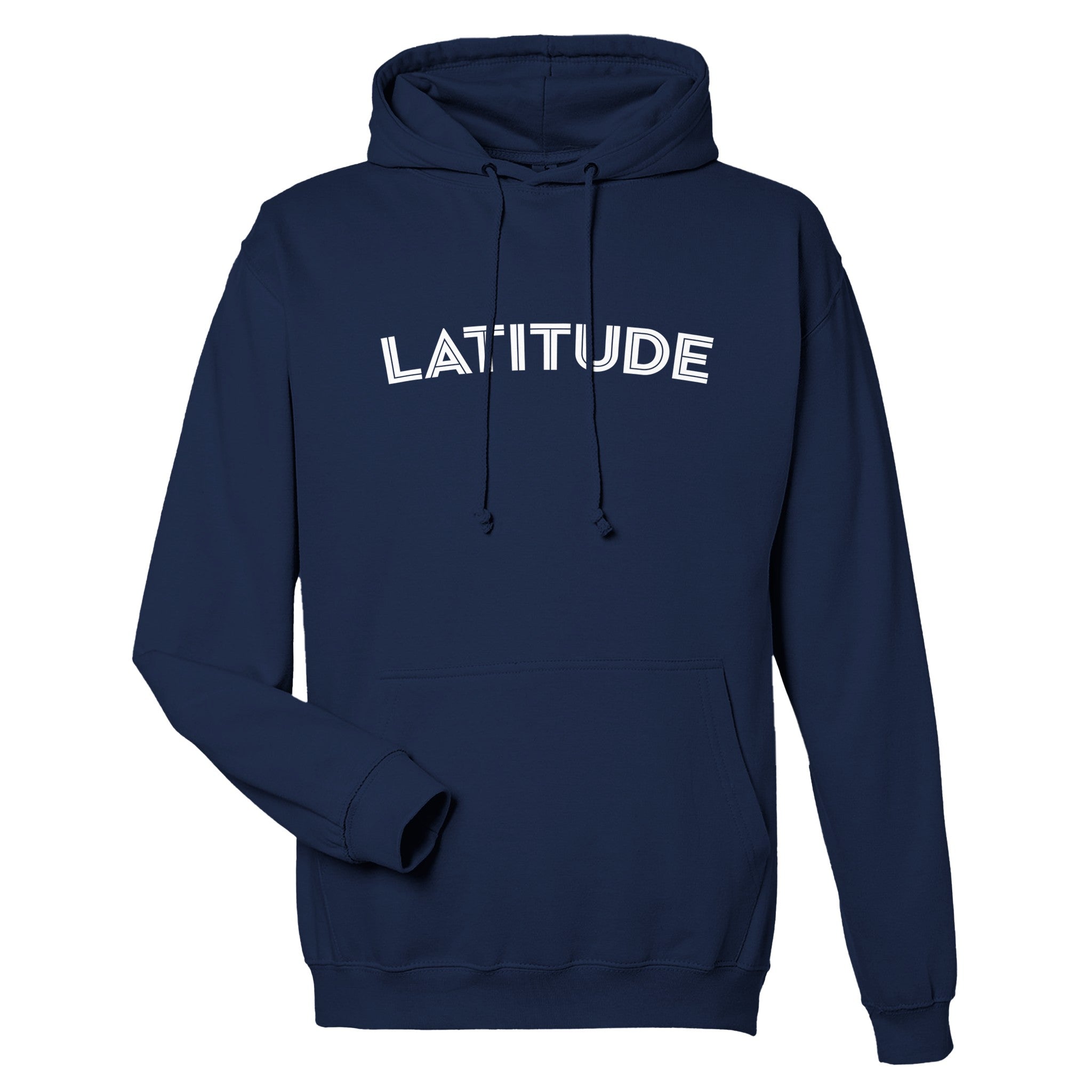 The Latitude Festival Stores Latitude 2024 Line Up Navy Pullover Hoodie features “LATITUDE” in bold white print, an adjustable drawstring hood, front pocket, unisex fit, and is made-to-order from 100% cotton for style and comfort.