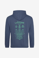 The AWD Kids Classic 2023 Line Up Hoodie is a blue hoodie with a hood and long sleeves, showcasing the Latitude festival lineup in green text on the back with artists and event details for July 2023. Displayed against a plain white background.