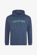 AWD Kids Classic 2023 Line Up Hoodie in blue, featuring a front pocket and drawstrings, with “LATITUDE” printed in green capital letters across the chest, displayed on a plain white background.