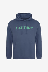 AWD Kids Classic 2023 Line Up Hoodie in blue, featuring a front pocket and drawstrings, with “LATITUDE” printed in green capital letters across the chest, displayed on a plain white background.